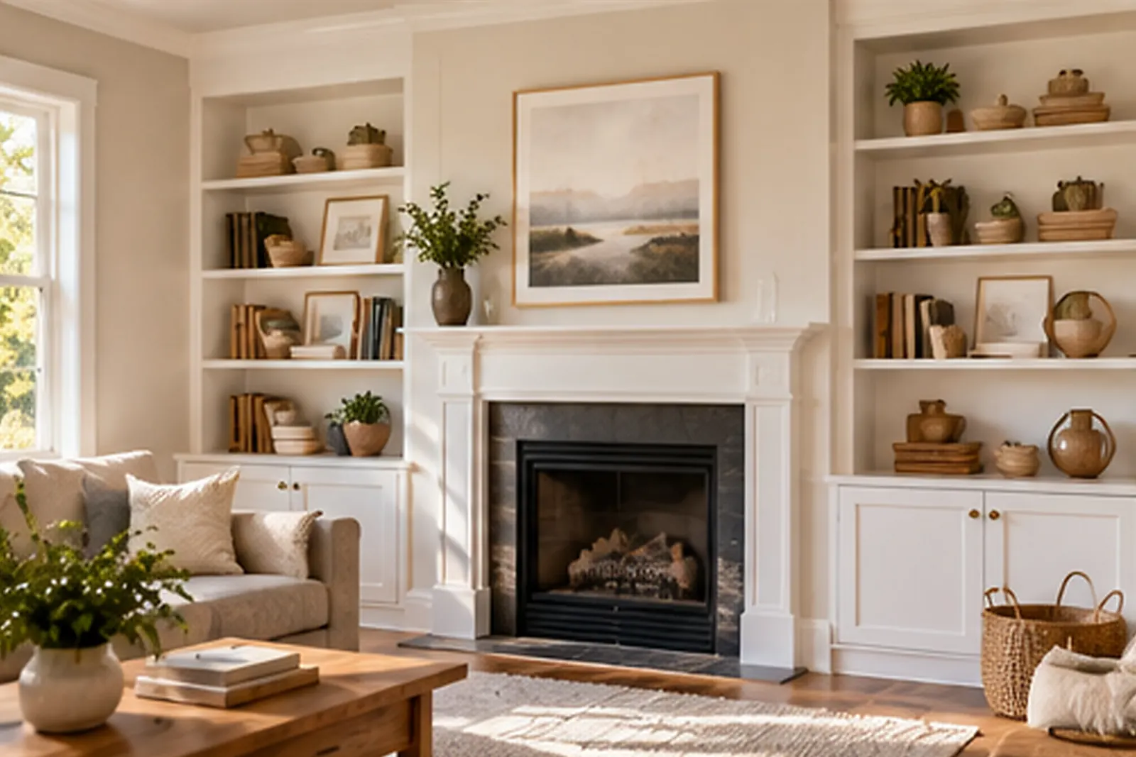 Built-in bookshelves and cabinets on both sides of a fireplace