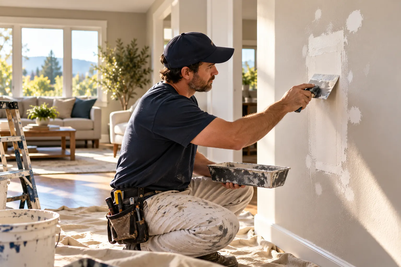 Handyman smoothing joint compound over a drywall patch in a living room