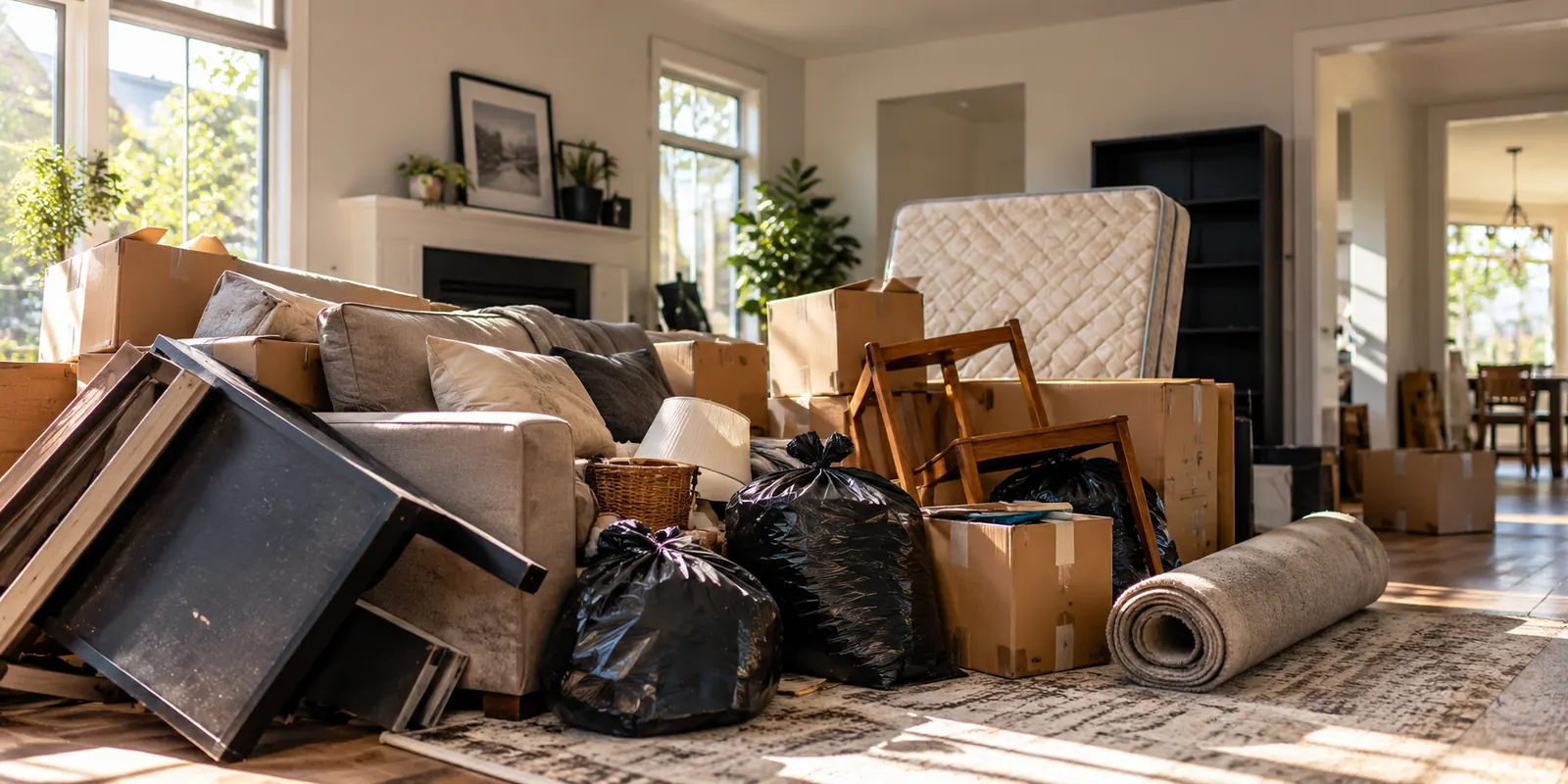 Living room piled with boxes, furniture and bags ready to be hauled away
