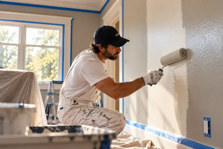 Handyman rolling paint onto a living room wall with the trim taped off