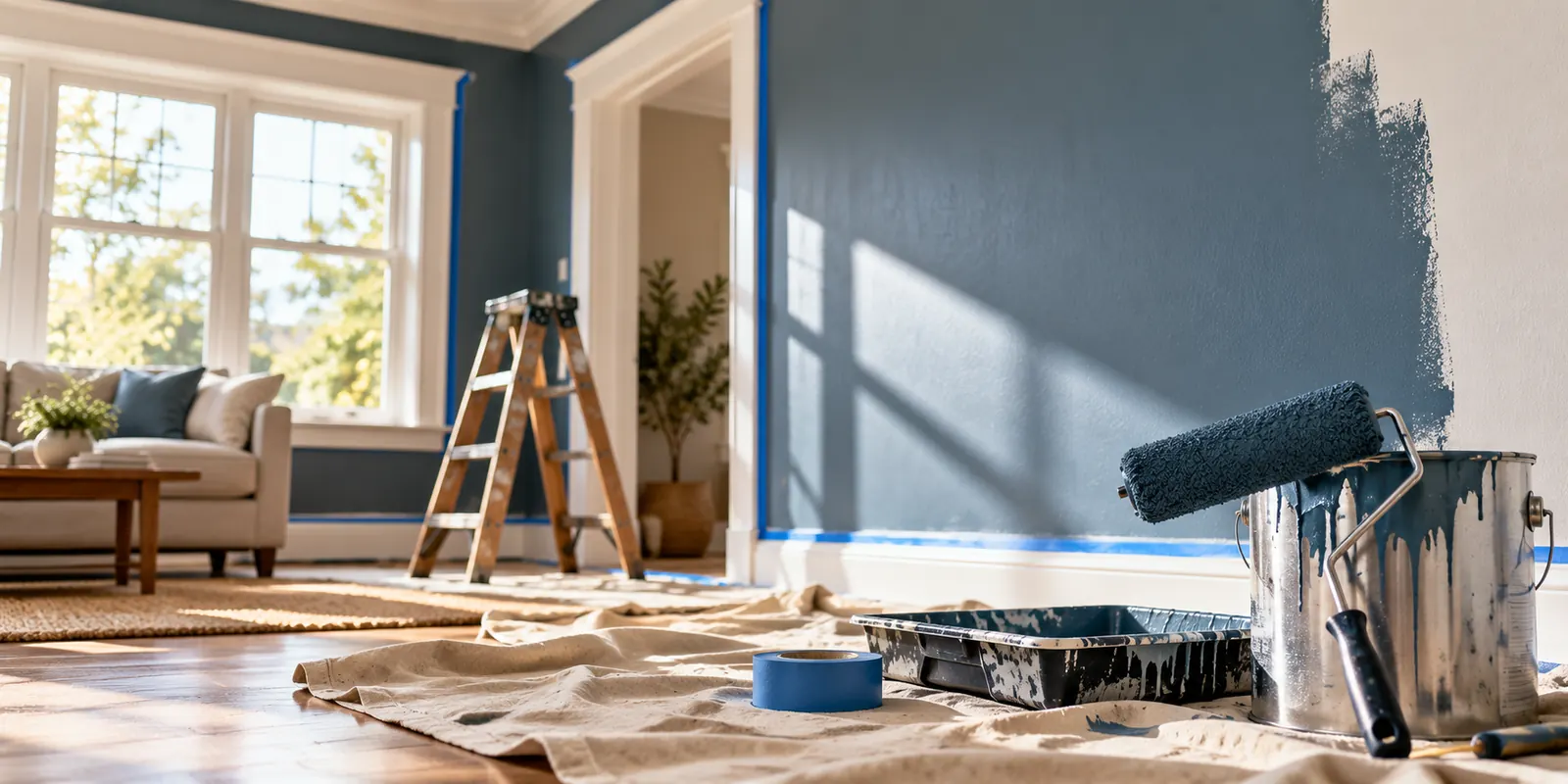 Freshly painted living room with drop cloths and a paint roller