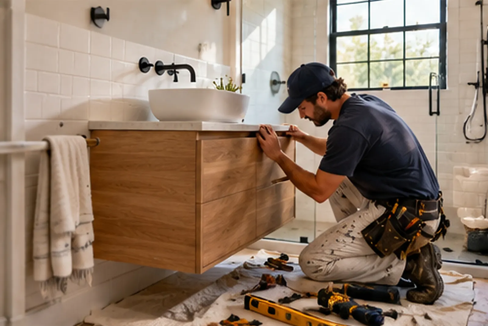 Handyman installing a floating wood bathroom vanity